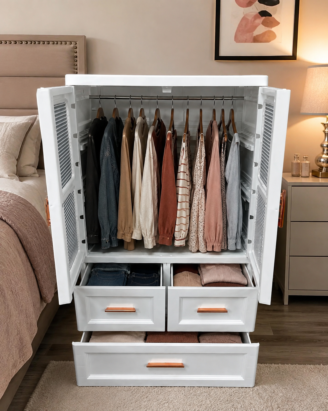 Wardrobe Closet with Hanging Rod & 3 Storage Drawers