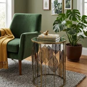 Antique Gold Leaf Metal Round Side Table with Glass Top