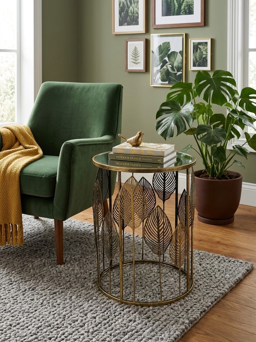 Antique Gold Leaf Metal Round Side Table with Glass Top