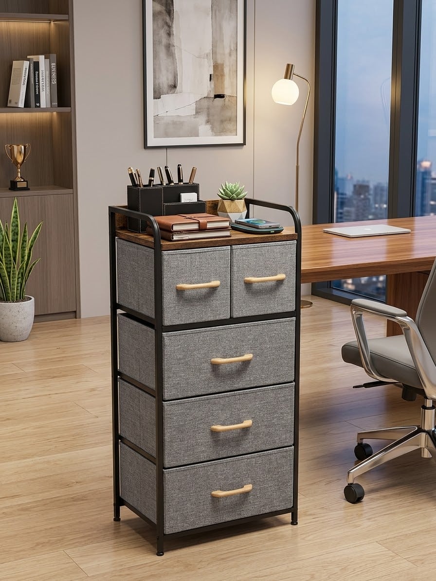 5-Drawer Fabric Storage Dresser with Wooden Top