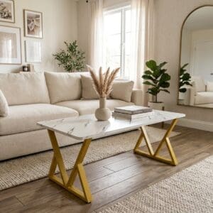 Modern Faux Marble Coffee Table with Geometric Gold Metal Base