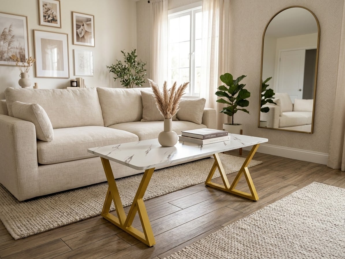 Modern Faux Marble Coffee Table with Geometric Gold Metal Base